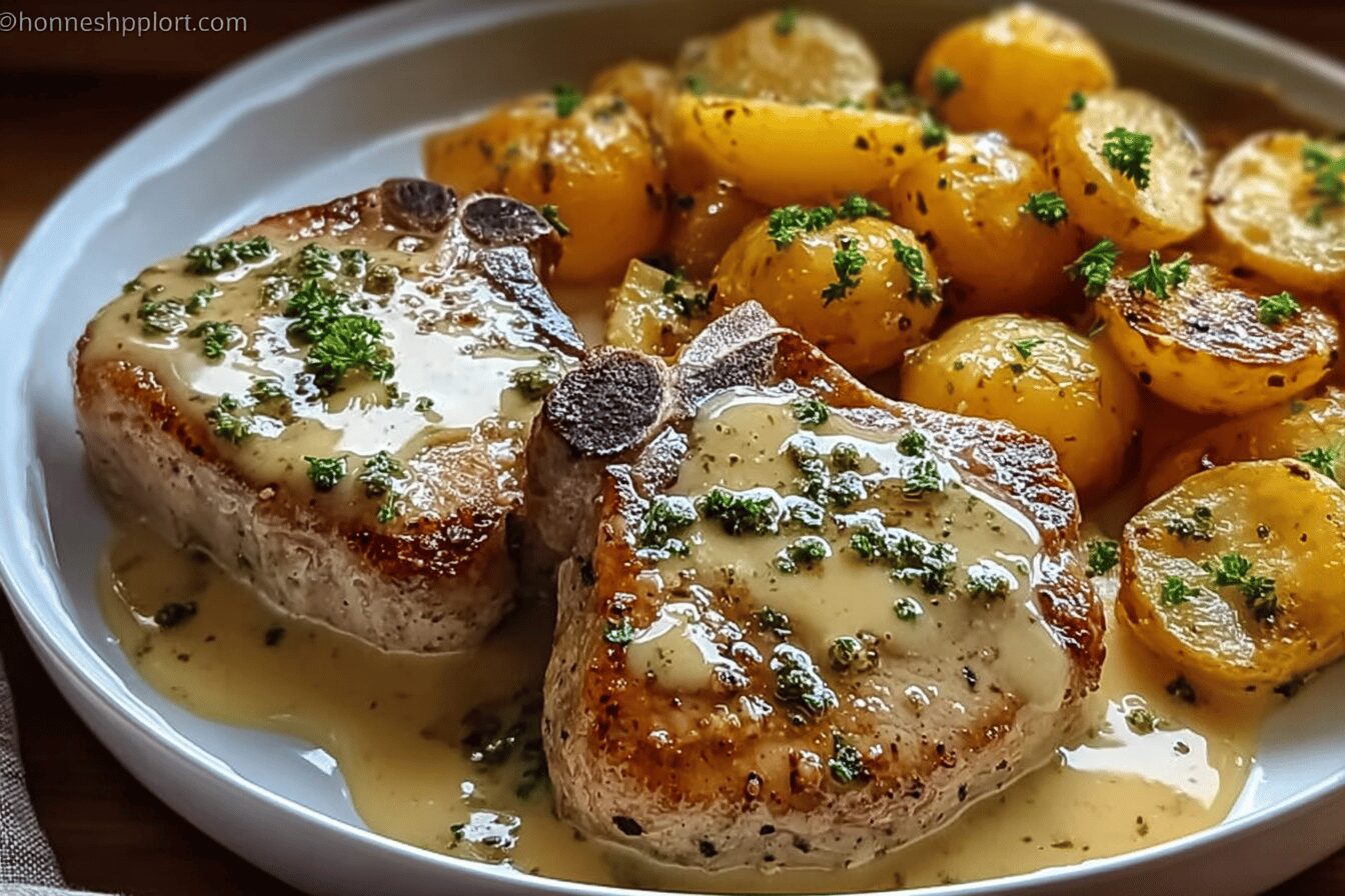 Garlic Butter Pork Chops Cheesy Potato Bake