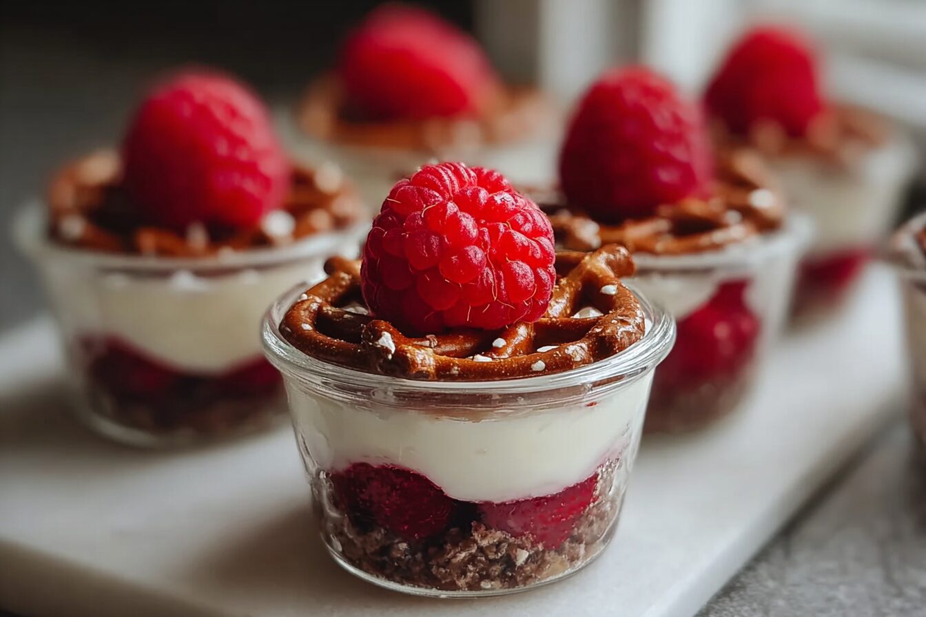 No Bake Raspberry Pretzel Cups