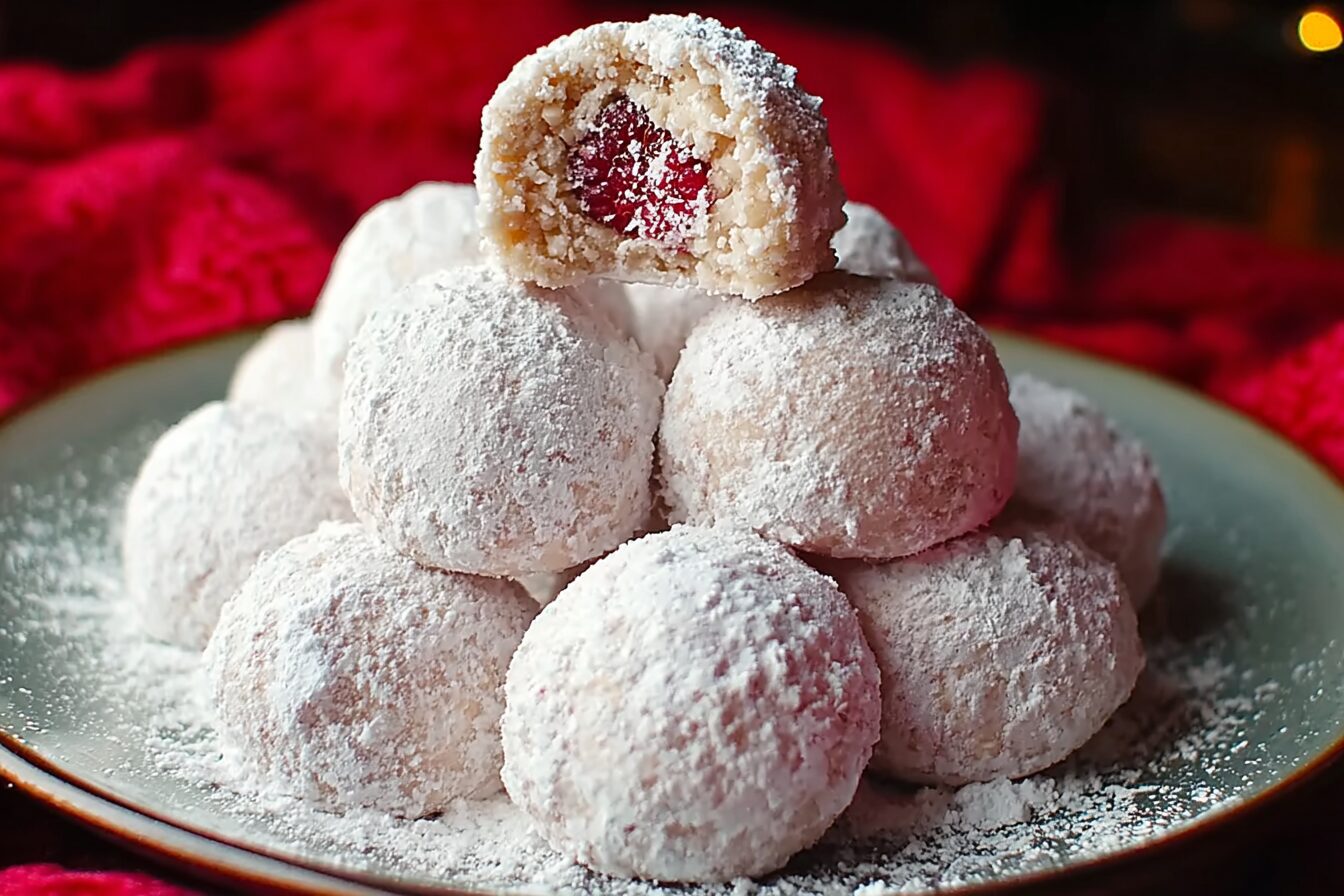 Raspberry Almond Snowball Cookies