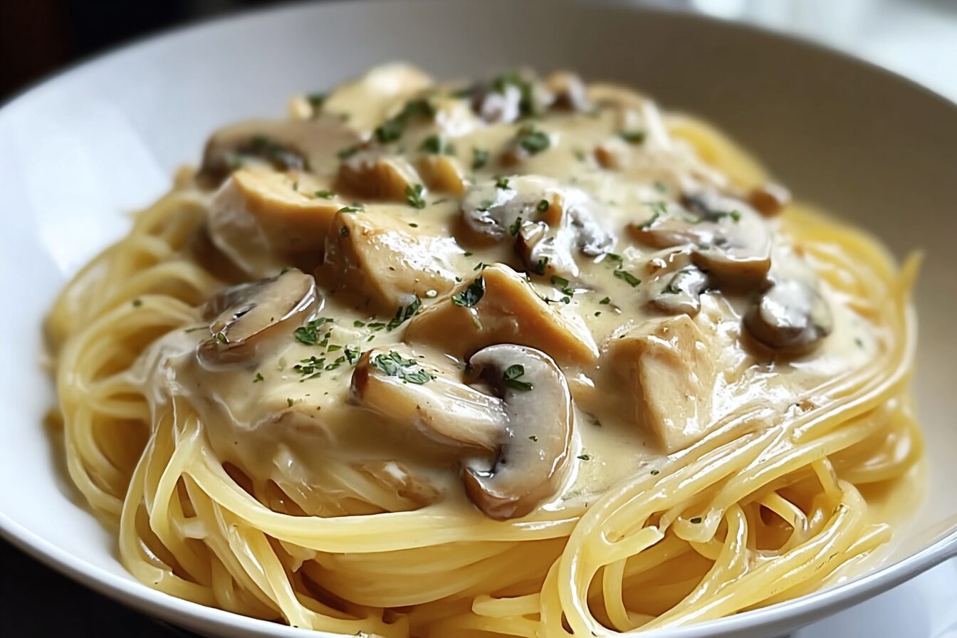 Creamy Chicken Mushroom Alfredo Spaghetti