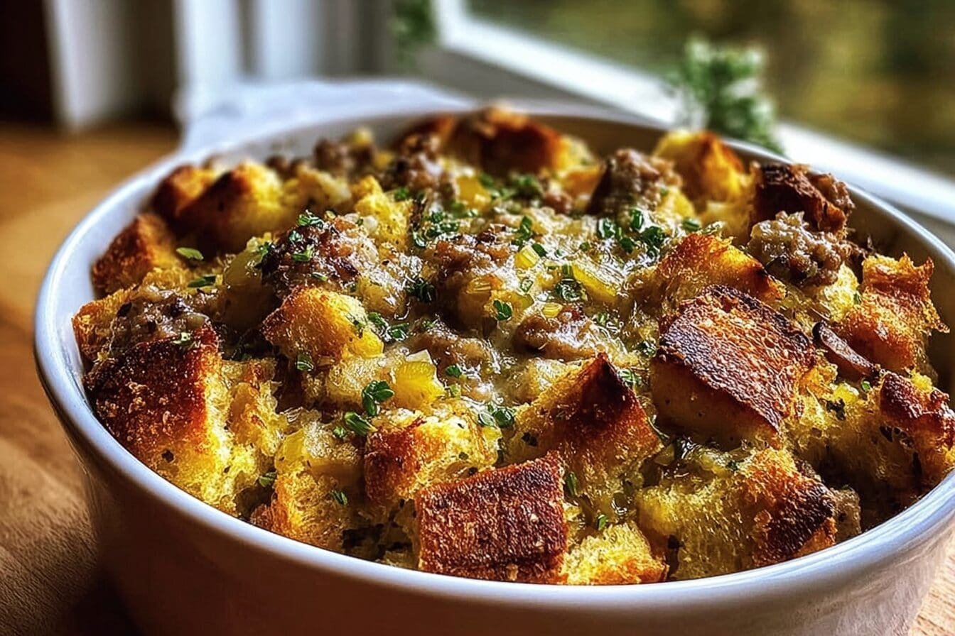 Sausage Sourdough Stuffing Recipe With Crispy Savory Herbs