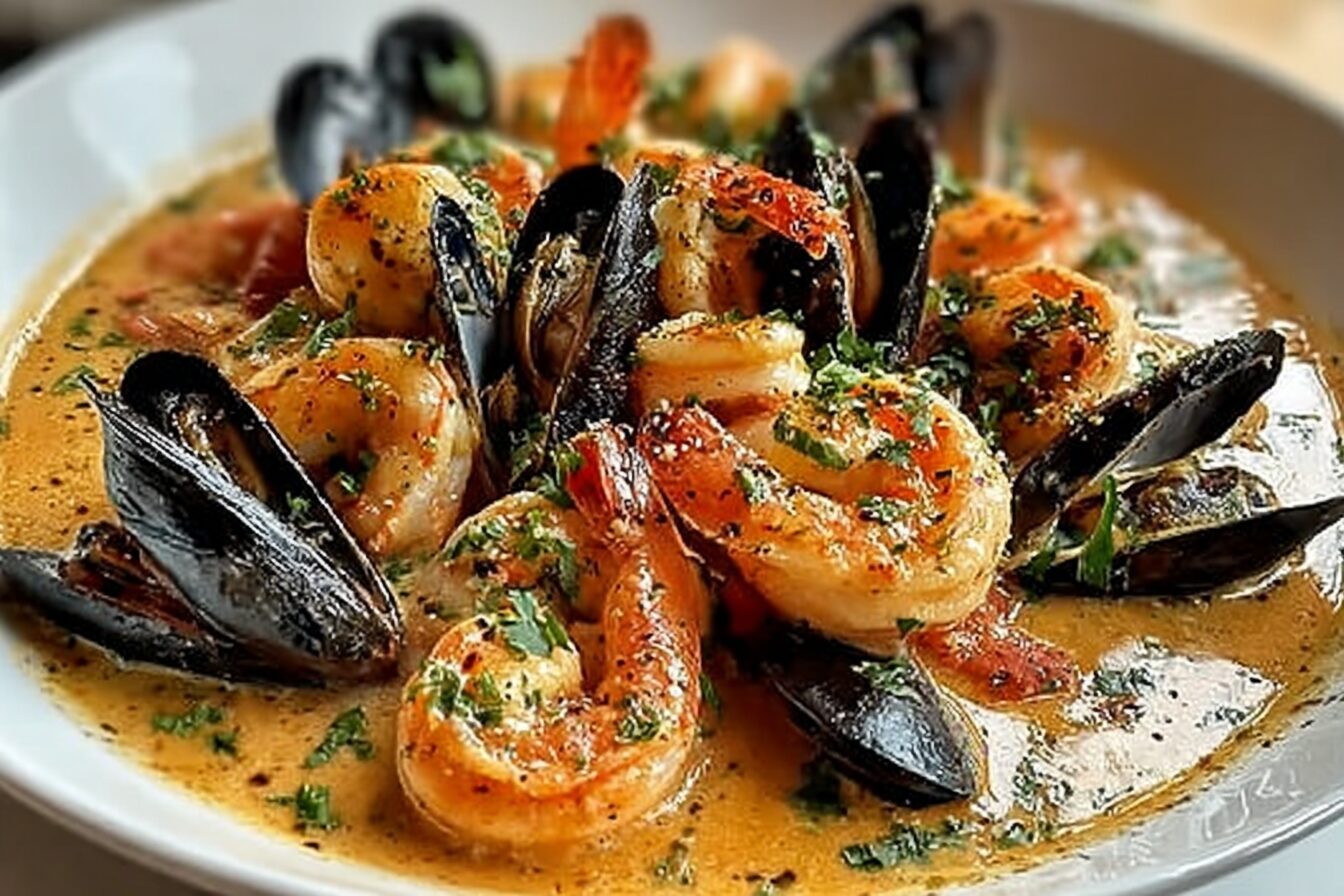 Shrimp And Mussels In Creamy Garlic Sauce
